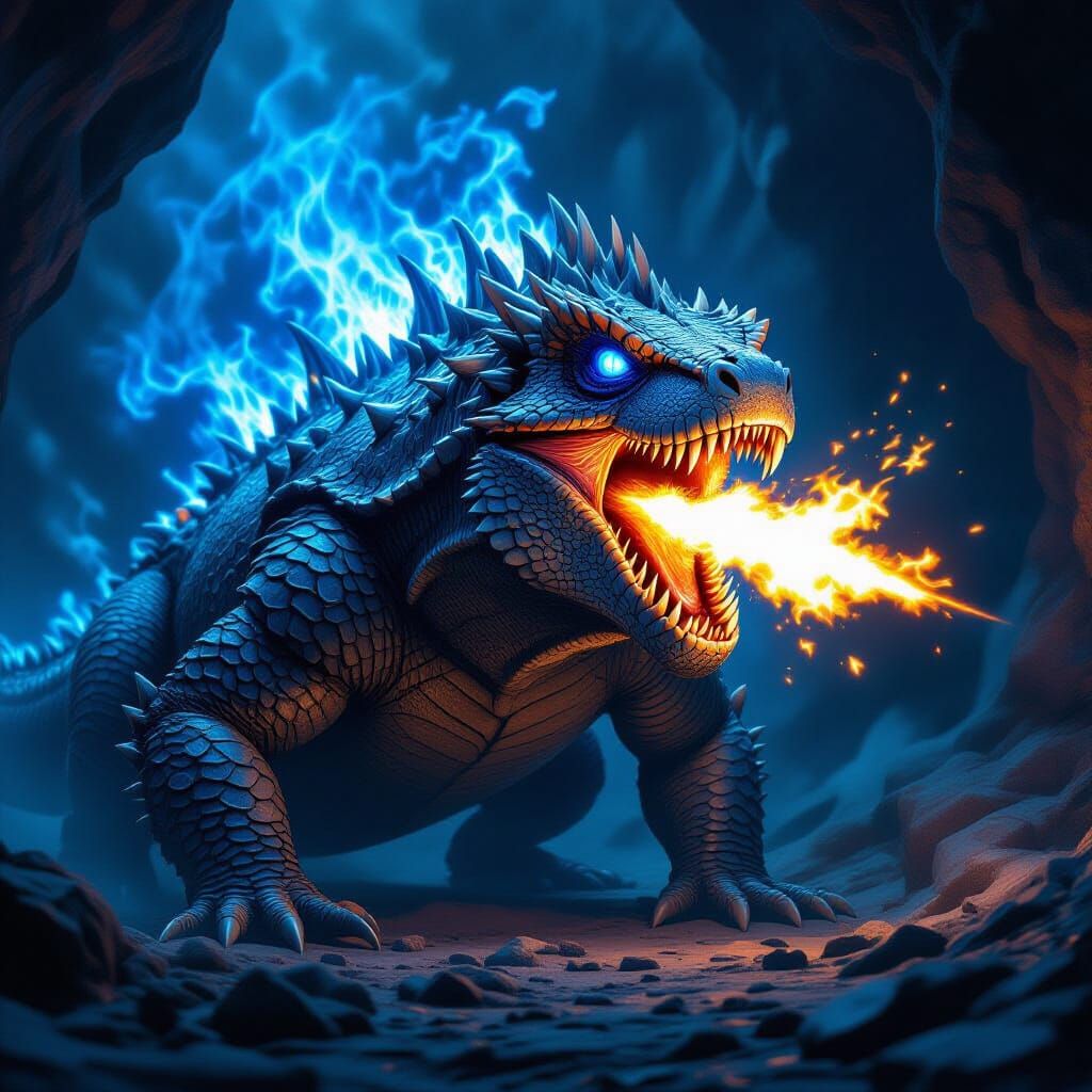 Armored Lizard Unleashes Blue Jet-Fire in Cavern