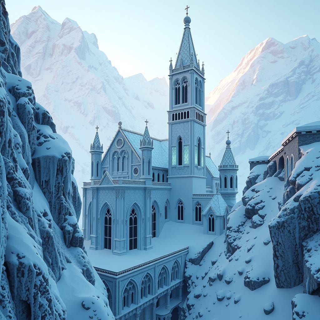 Gothic Ice Castle Ascends Snowy Peaks