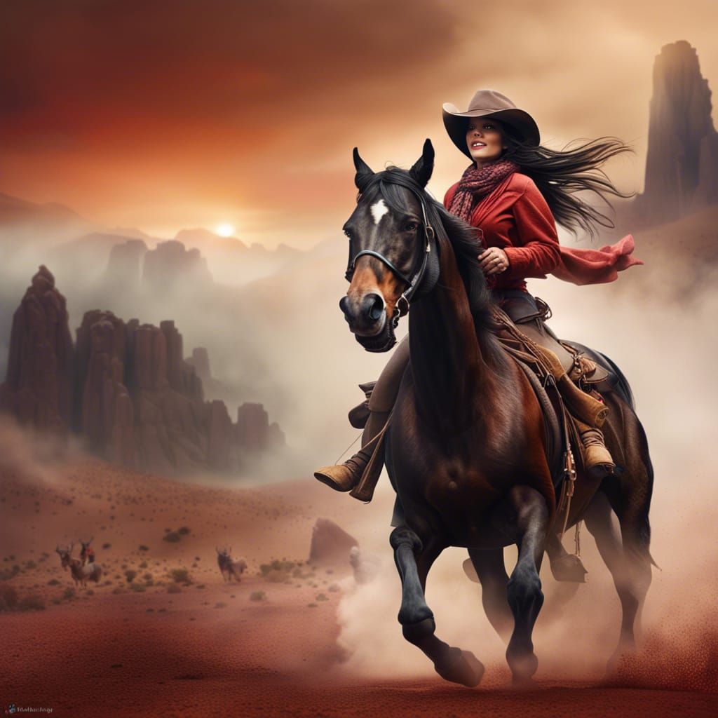 Cowgirl Rides Horse Across Desert in Hyperreal Style