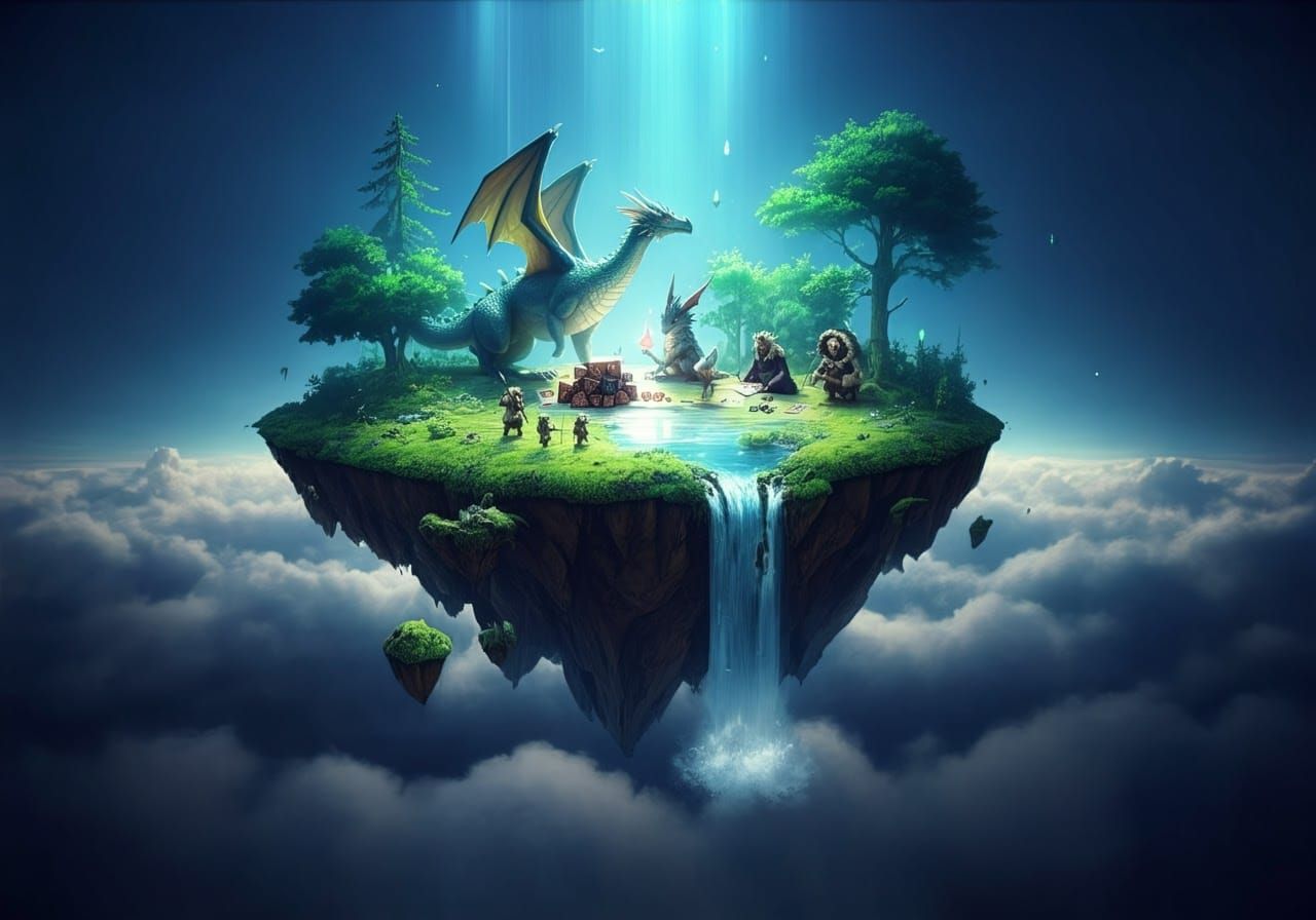 Ethereal Island Landscape with Dragons in Digital Art