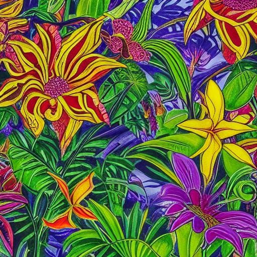 Vibrant Jungle Flora and Fauna Erupting in Art Nouveau Style