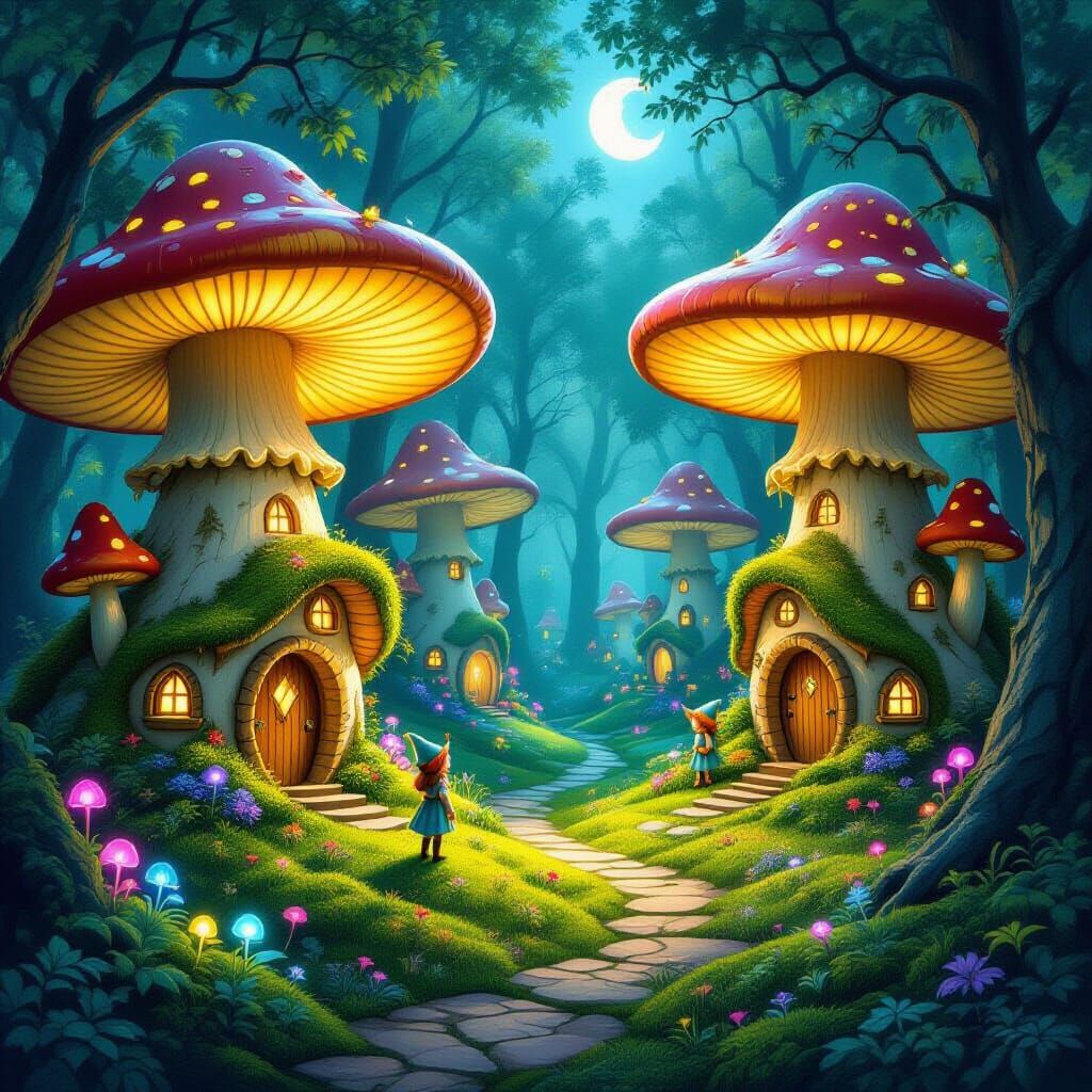 Elven Mushroom Homes in Enchanted Forest Clearing