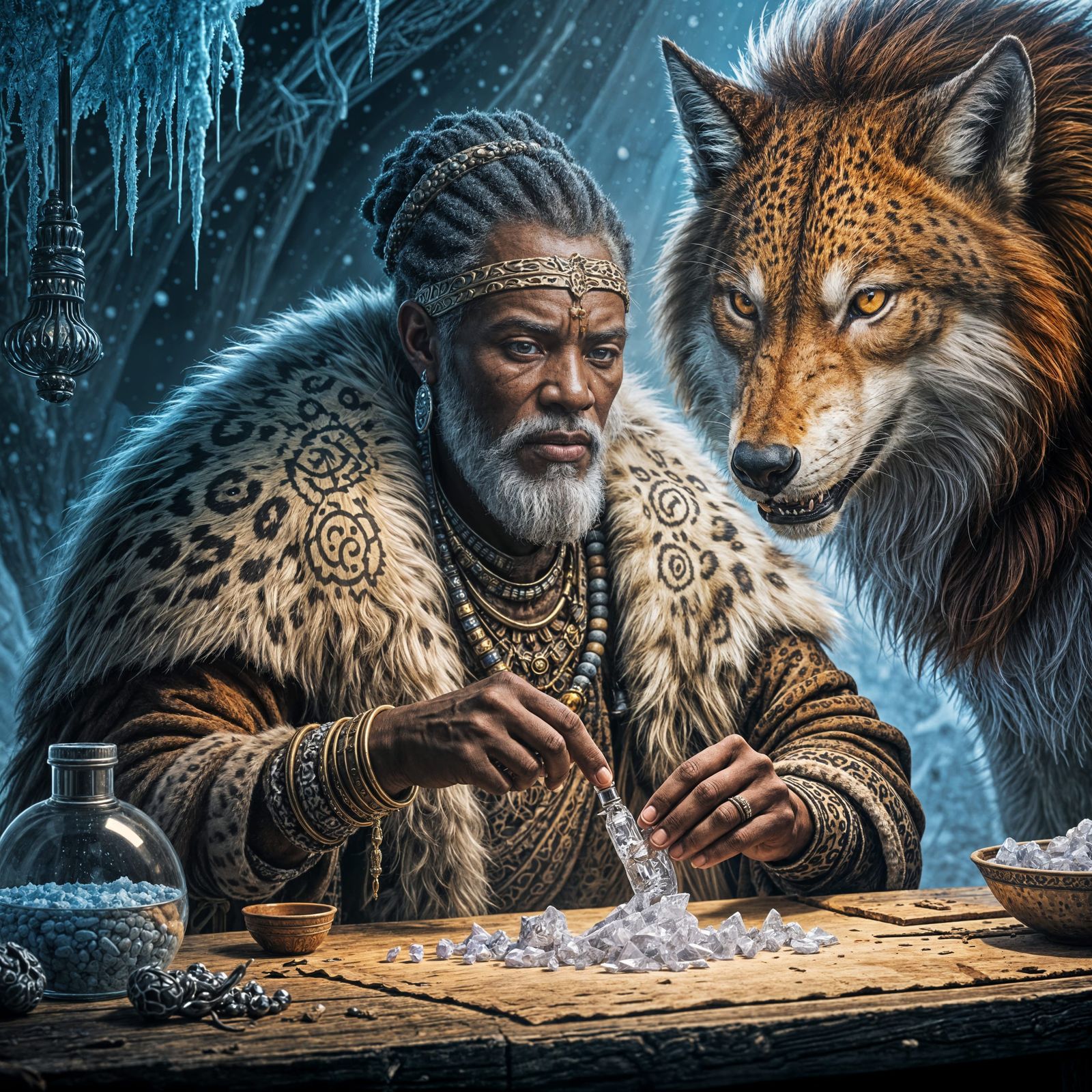 Arctic Sorcerer and Red Wolf in a Cinematic Scene