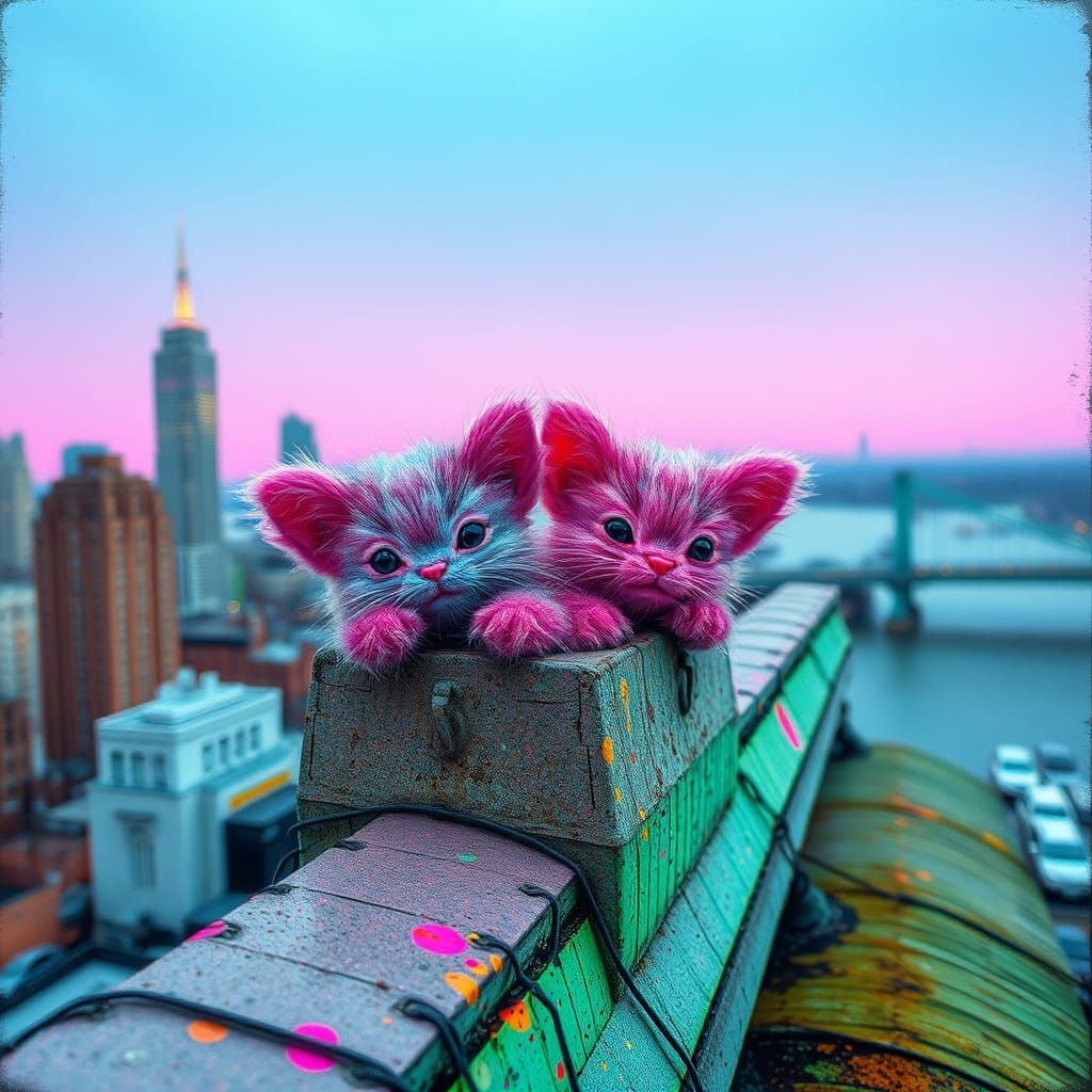 Surreal Fuzzy Arms on City Rooftop in Neon Colors