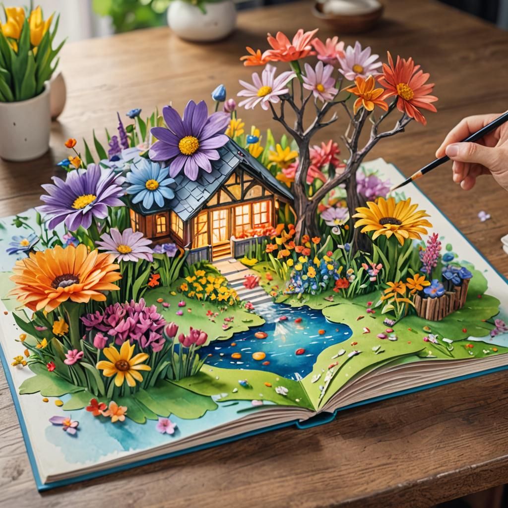 Spring Flowers Bloom from Pop-Up Book, Watercolor