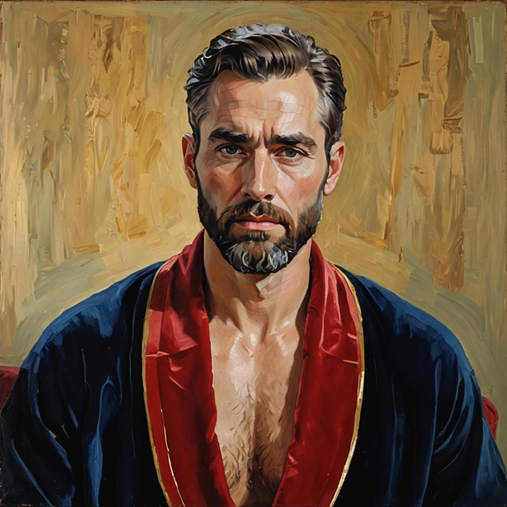 Bearded Man in Red Robe, as Impasto Oil Painting