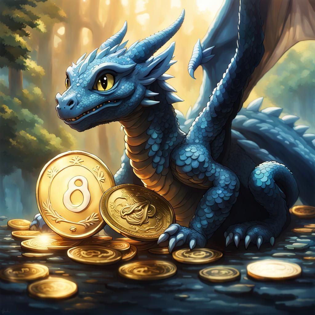 Anime Baby Dragon with Gold Coin, Ghibli Style