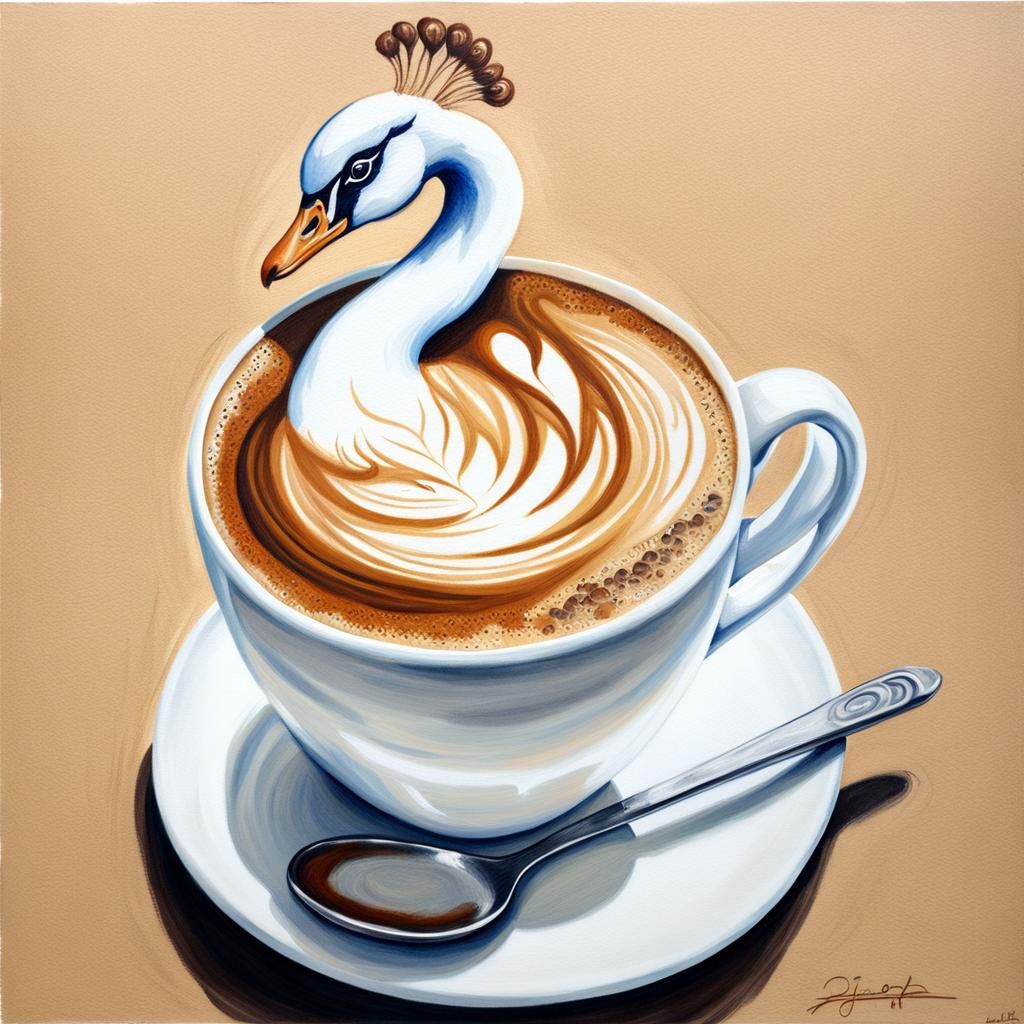 Peacock and Swan Latte Art: Oil and Pencil Sketch