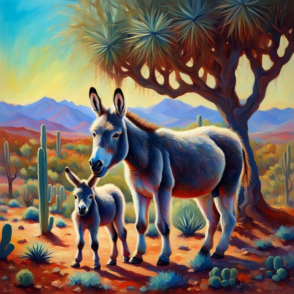 Cute Donkey Family in Australian Tonalism Style