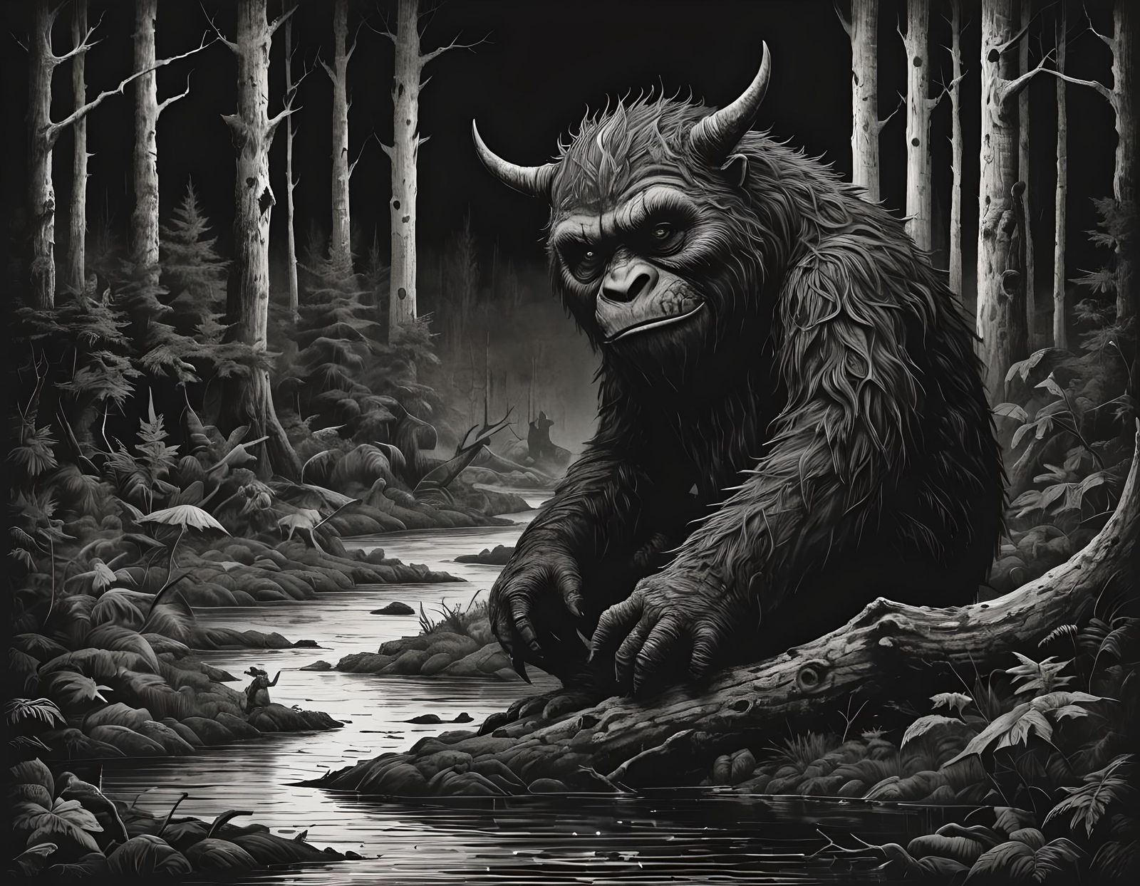 Monochromatic Horror Book Scene: Eerie Encounter