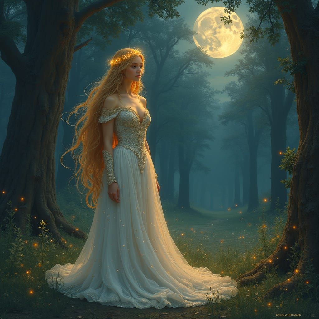 Medieval Princess in Moonlit Glade, Digital Painting