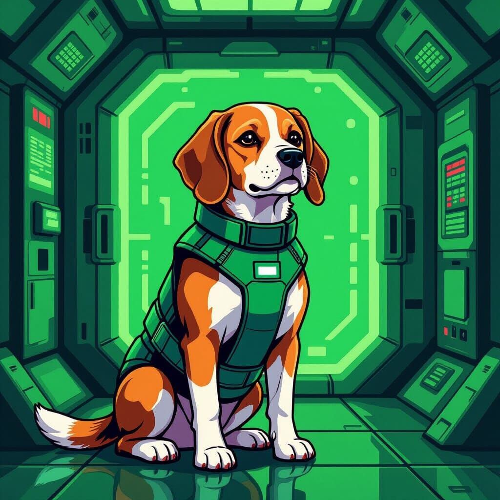 Futuristic Armored Beagle in Pixel Art Style