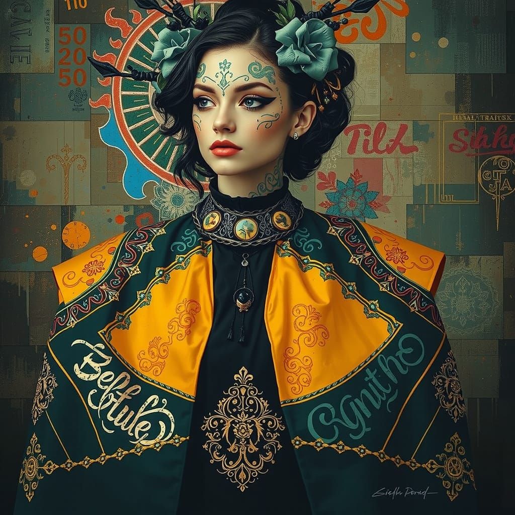 Woman with Calligraphic Tattoos in Digital Painting Style