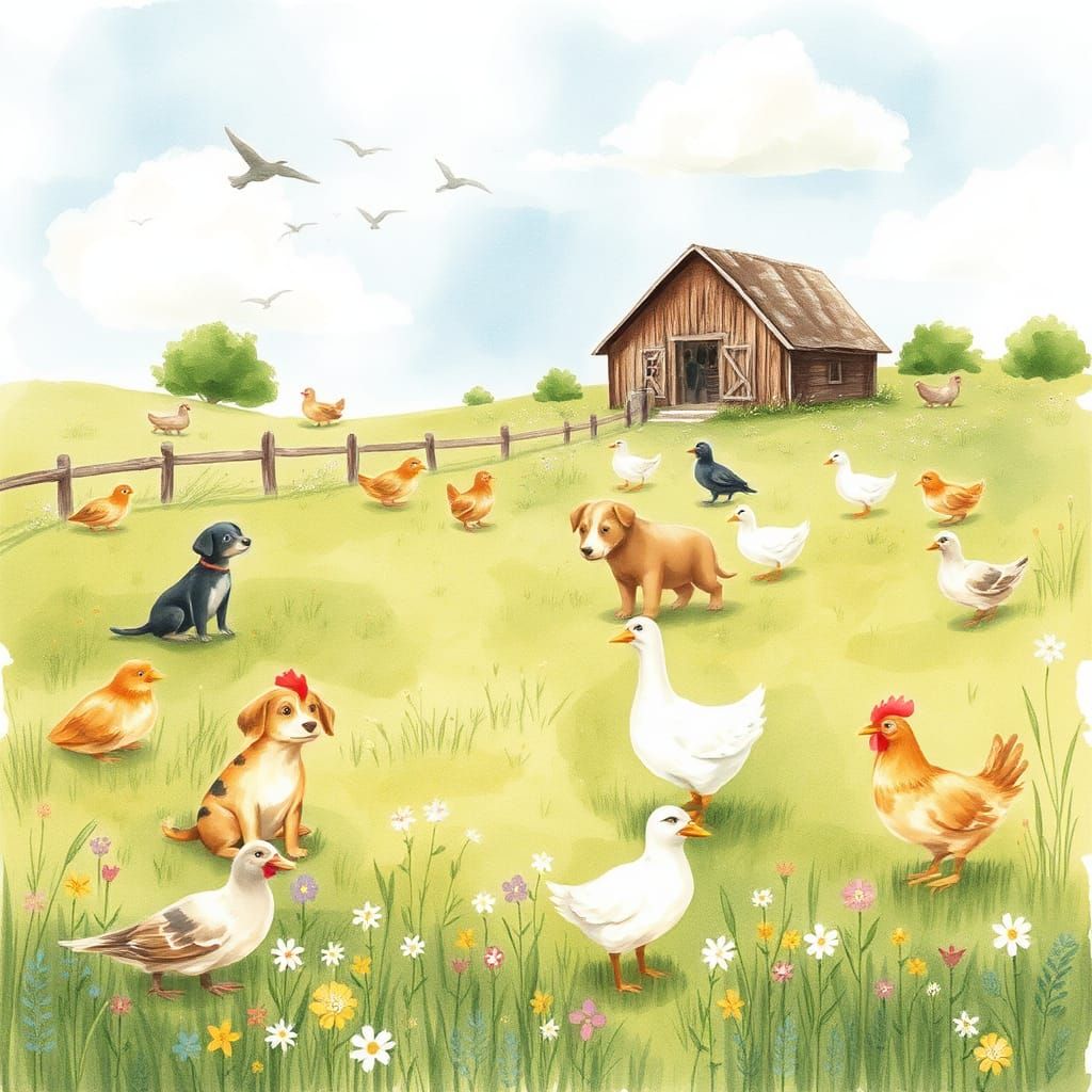 Whimsical Farm Scene with Frogs and Friends