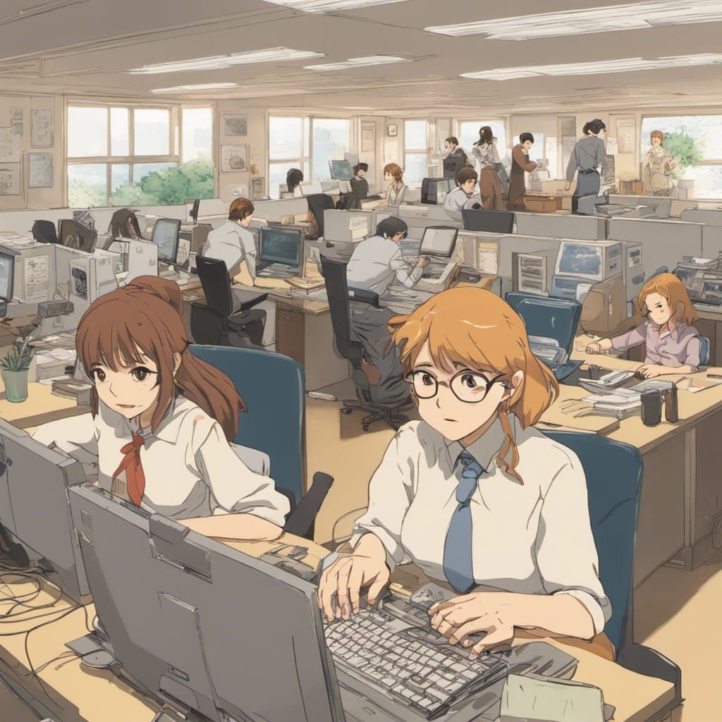 Ghibli-Style Women Working in Office Cubicle