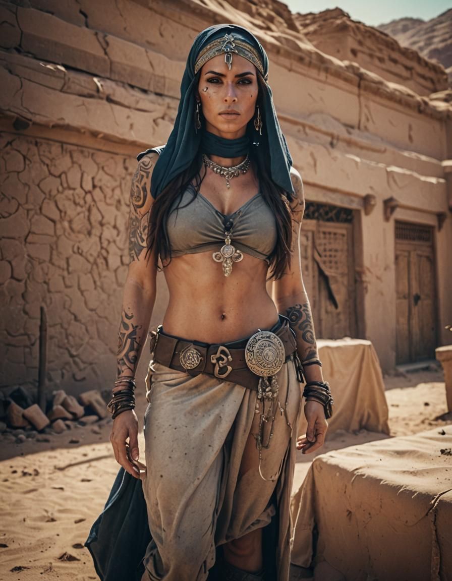 Medieval Woman Assassin in Morocco Desert, Cinematic Photo