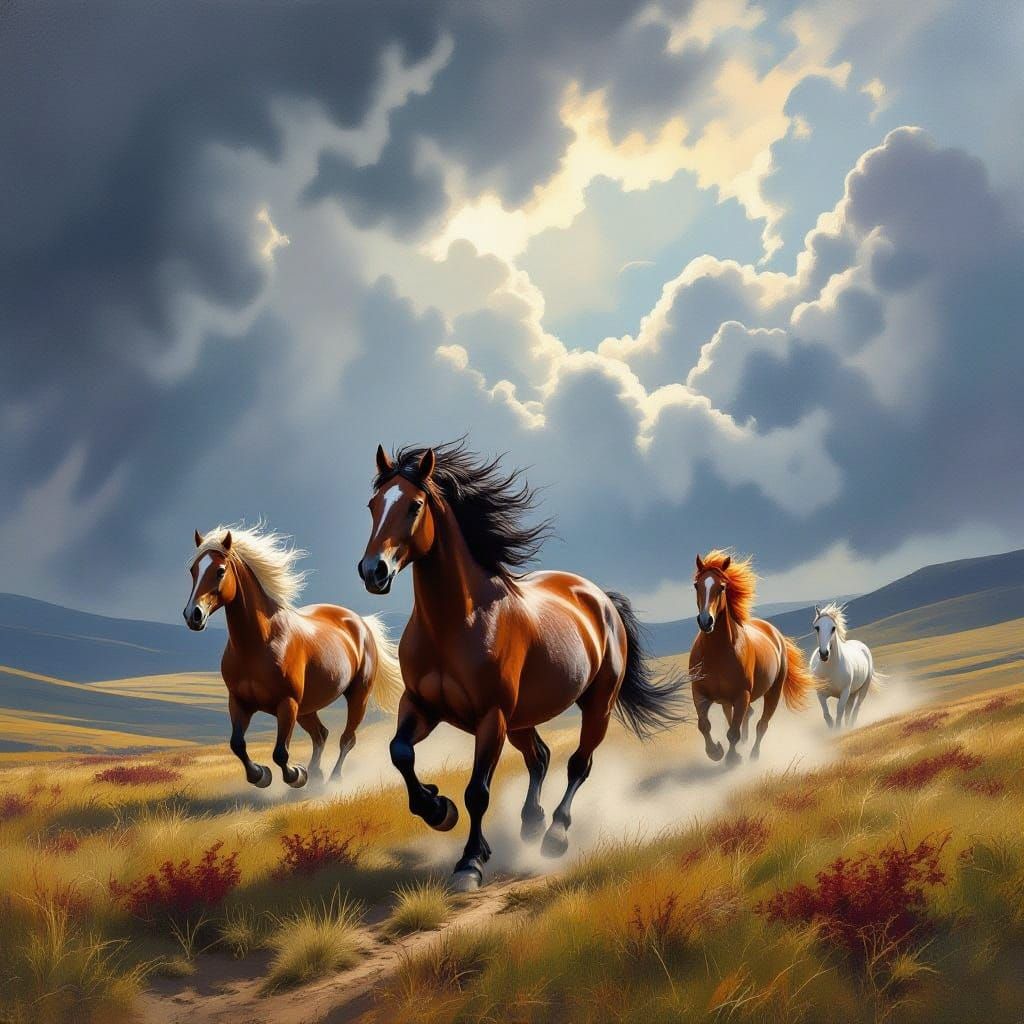 Highland Horses Gallop Through Stormy Fantasy Landscape