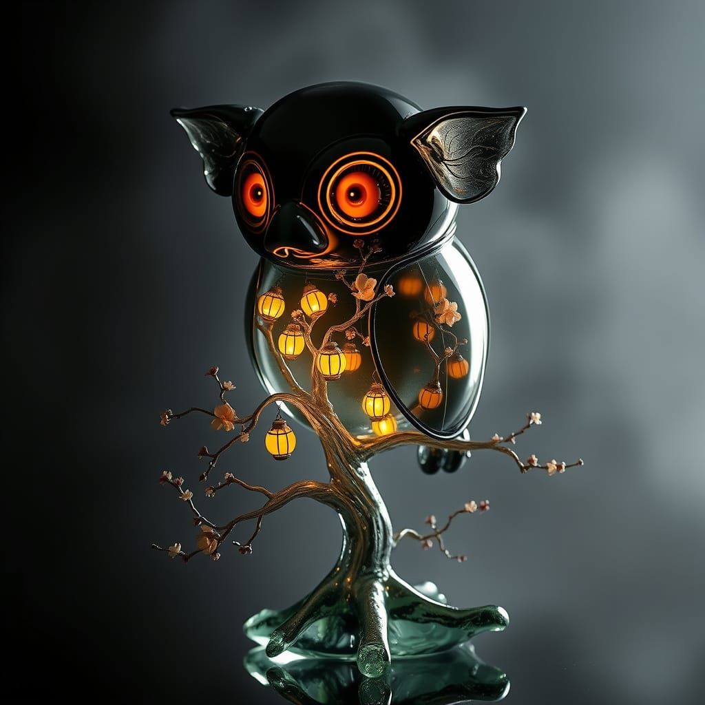 Surreal Glass Sculpture of Owl-Piglet Hybrid