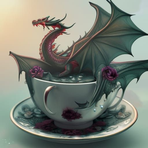 Flower Dragon in Gothic Teacup: Fantasy Concept Art