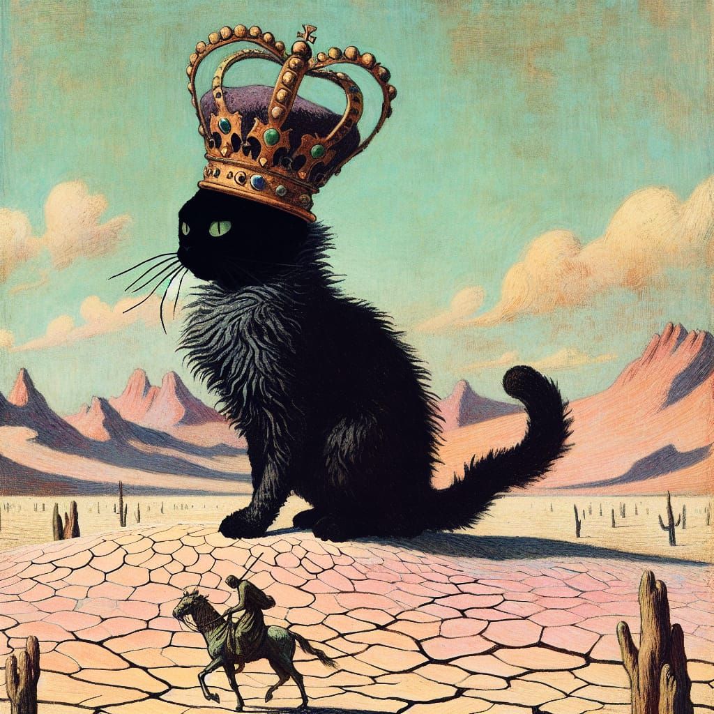 Comically Arrogant Black Cat Rides Oversized Crowned Human A...