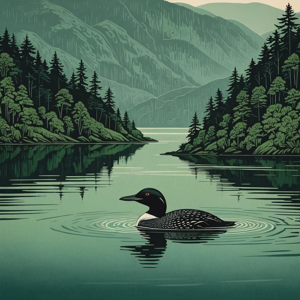minimalist, woodcut, linocut. large loon floating in the mid...