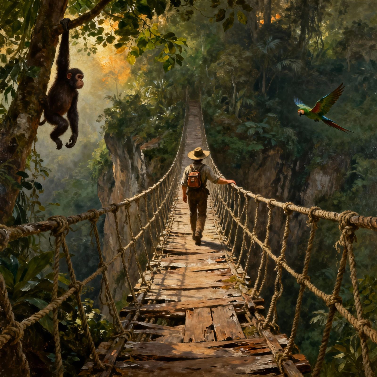 Adventurous Wanderer Crosses Rope Bridge in Forest