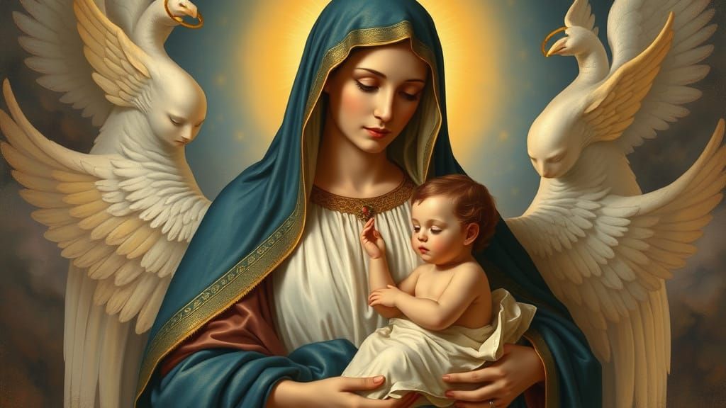 Mother Mary Holding Baby Jesus in Her Arms, Surrounded by An...