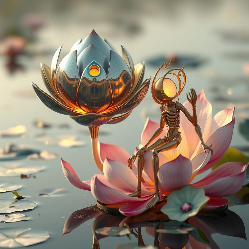 Surreal Steel Lotus Blooms in Hyper-Real 8K Scene