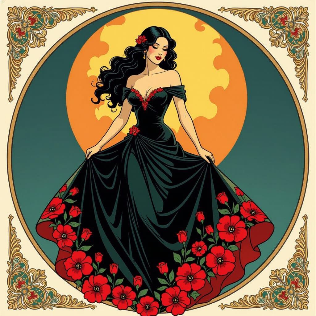 Mysterious Woman in Scarlet Flame Flower Dress