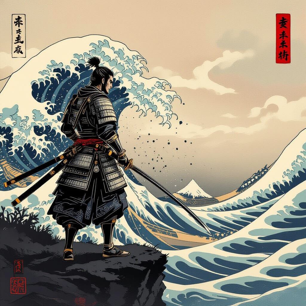 Samurai Warrior Overlooking Ink Sea in Ukiyo-e Style