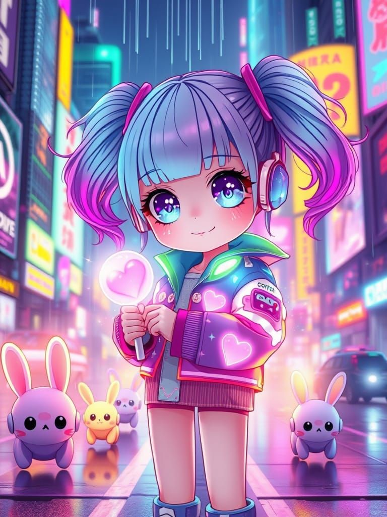 Cyberpunk Girl with Holographic Overlays in Anime Style