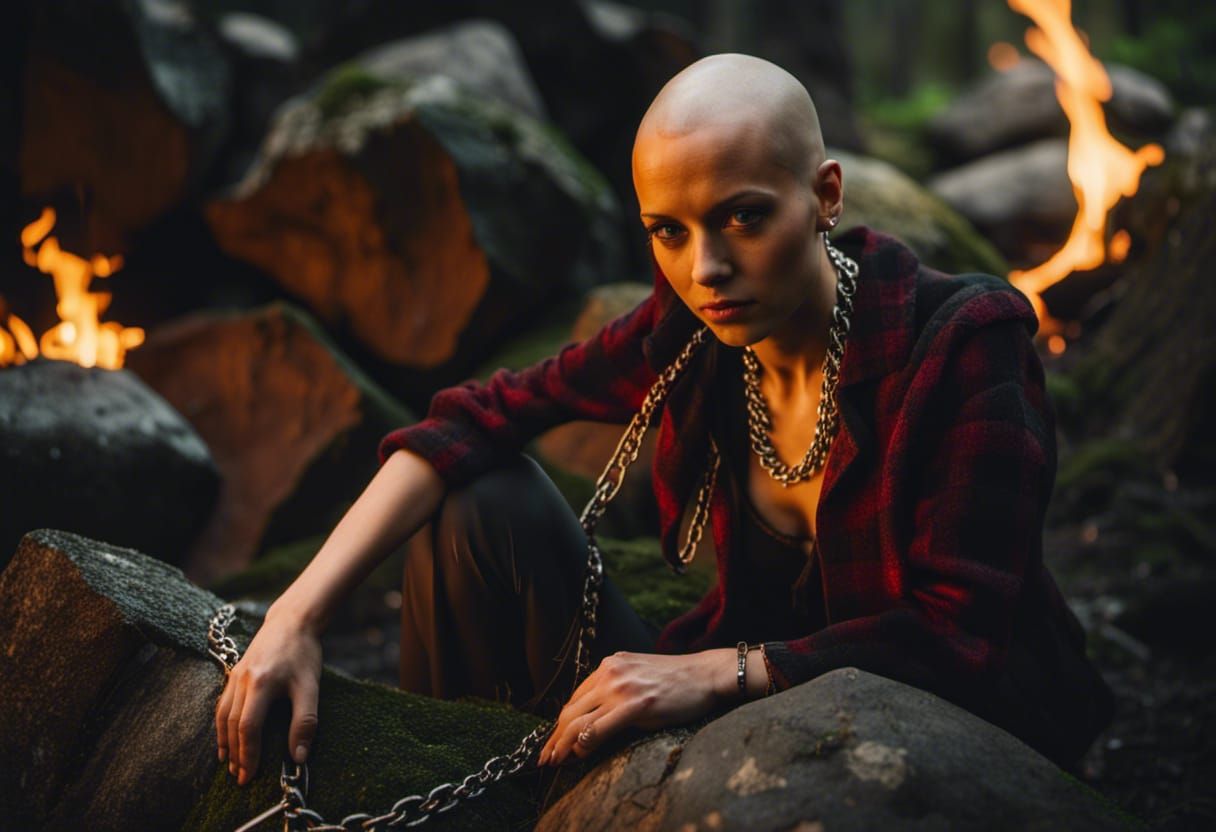 Fiery Bald Girl in Dark Forest Scene