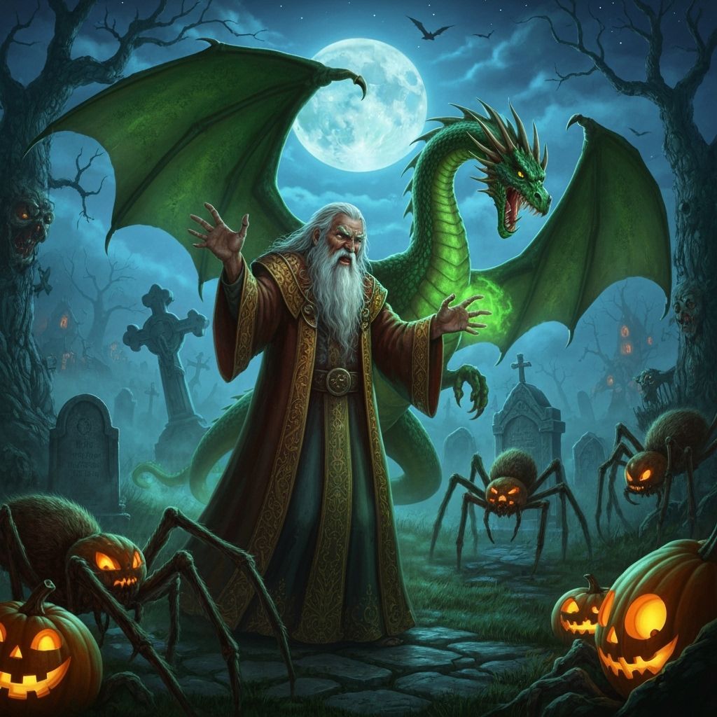 Wizard Conjures Dragon and Spiders on Halloween Night