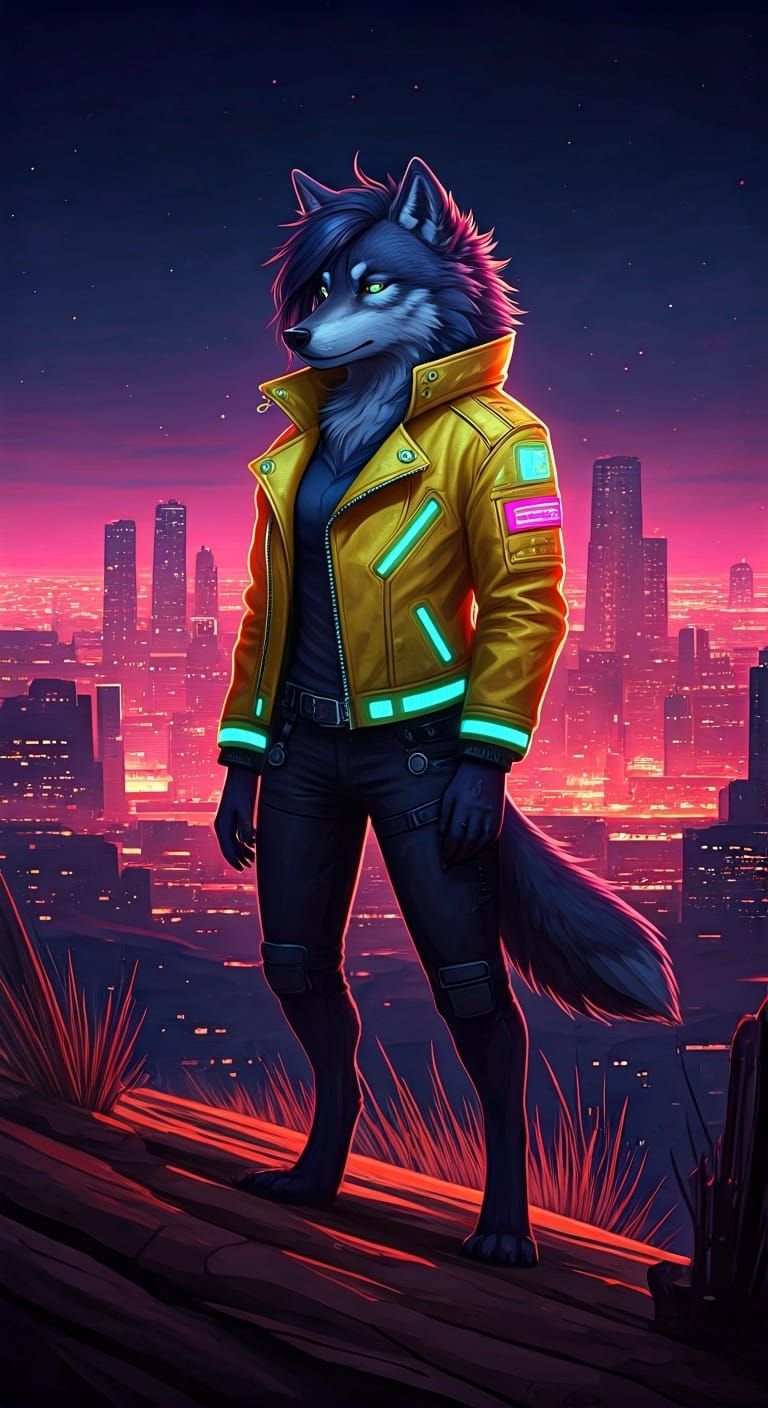 Cyberpunk Wolf Overlooking Neon Metropolis