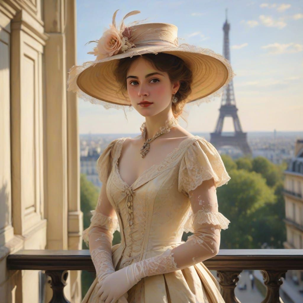 Elegant Woman on Parisian Balcony in Impressionist Style