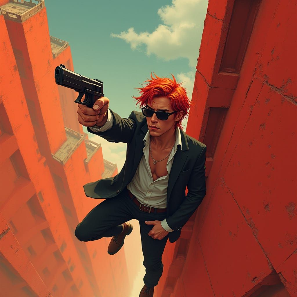 Man Leaps from Building with Gun, Futuristic Art