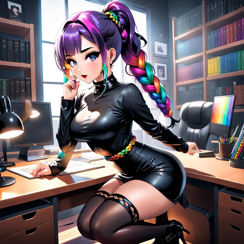 Anime Librarian in Black Squats on Desk