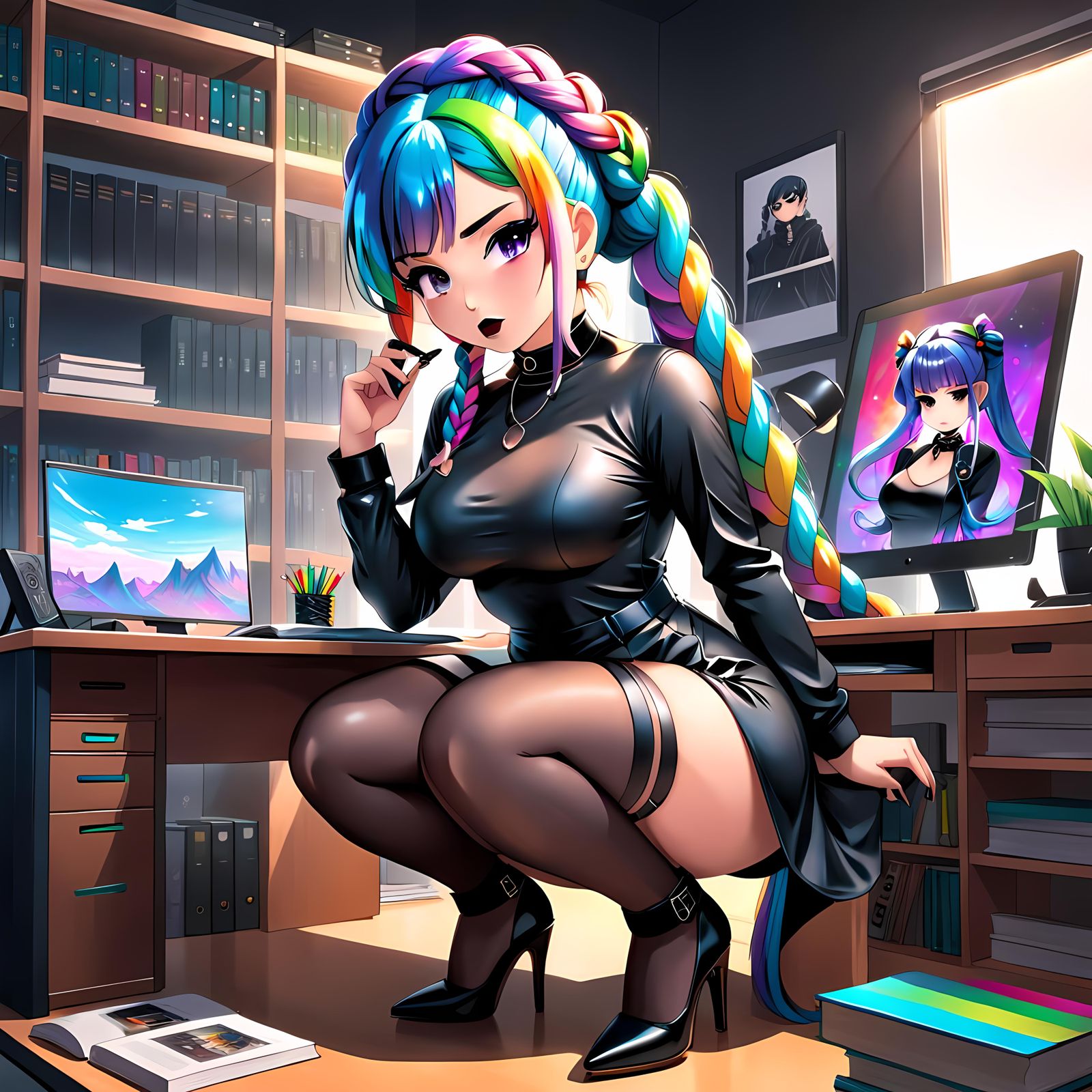 Anime Librarian with Rainbow Hair in Cel-Shaded Style