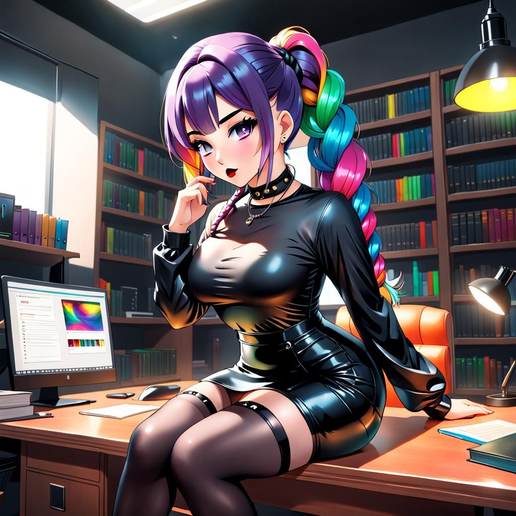 Curvy Librarian with Rainbow Hair in Anime Style