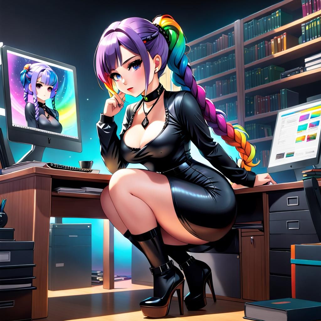 Rainbow-Haired Librarian in Cel-Shaded Anime Style