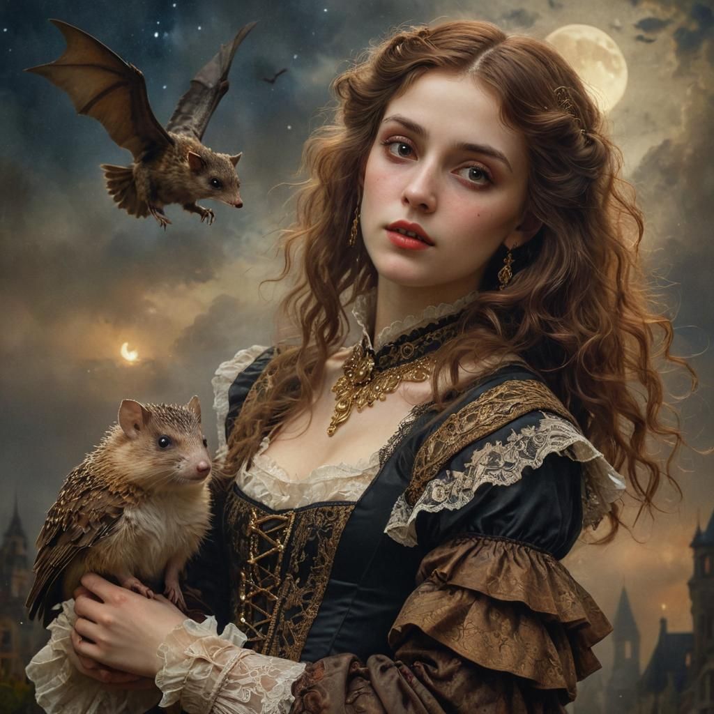 Vampire Portrait Flying with Hedgehog in Pre-Raphaelite Styl...