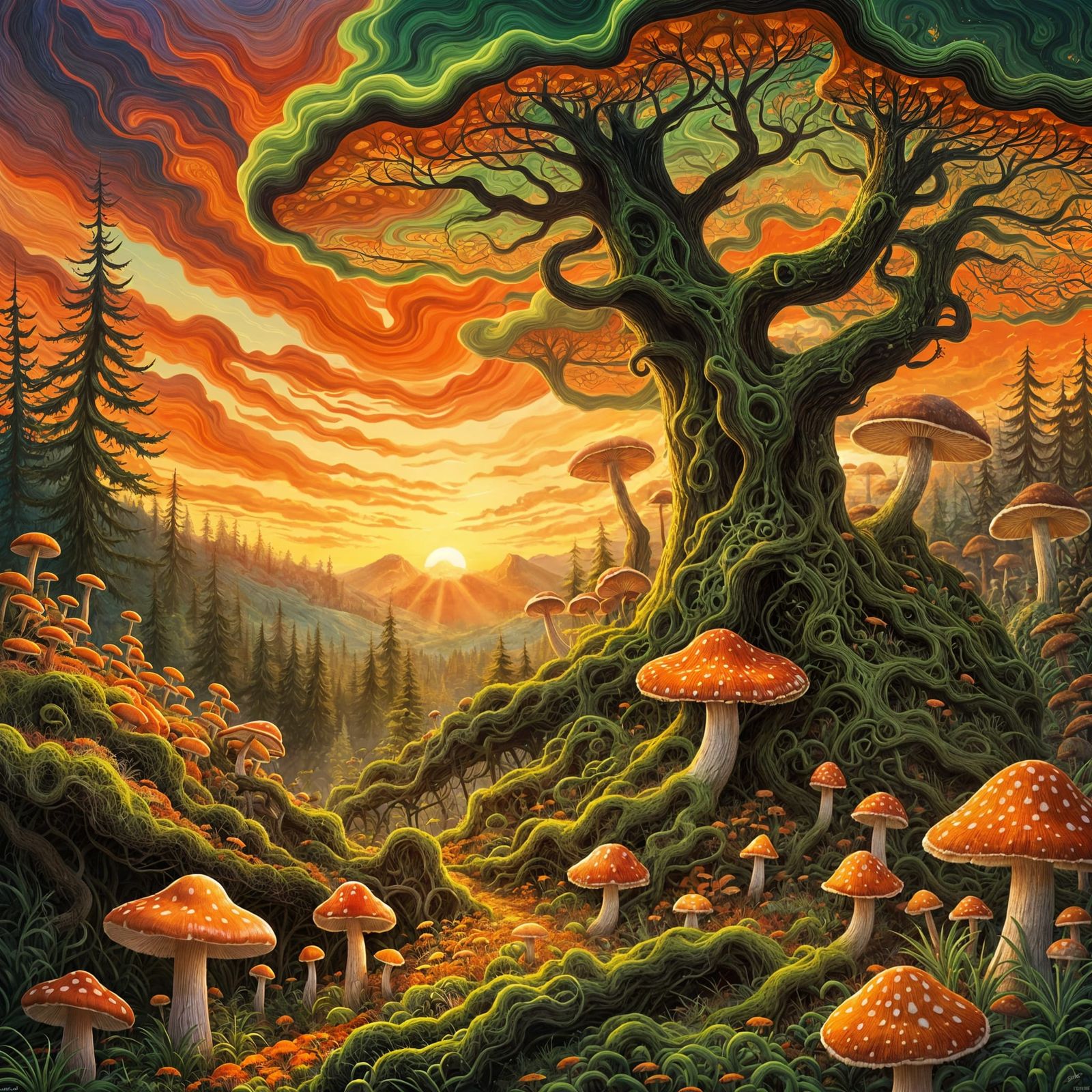 Dreamlike Forest with Orange and Green Hues