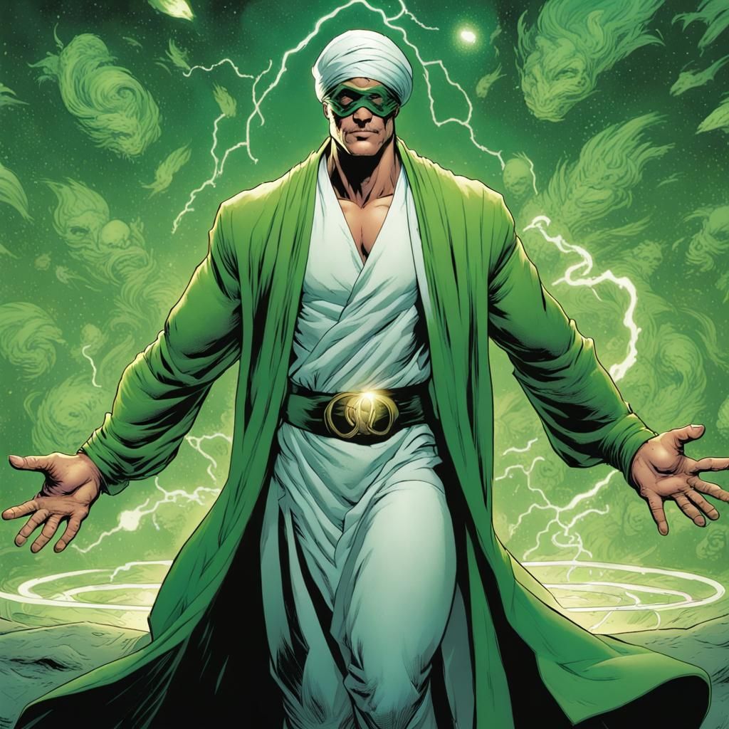 Green Superhero with Magic Ring Comic Art