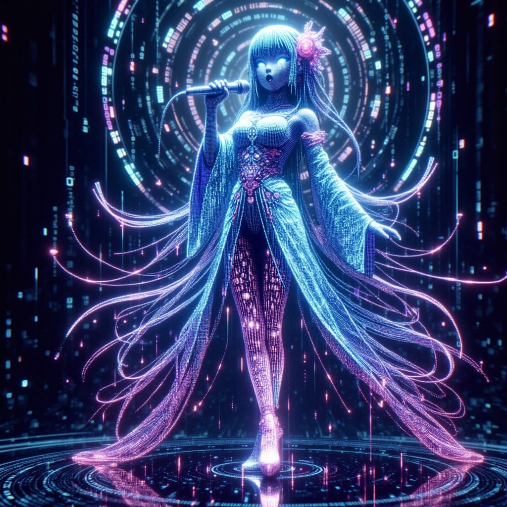 Anime Alien Woman Singing with Binary Code Aura