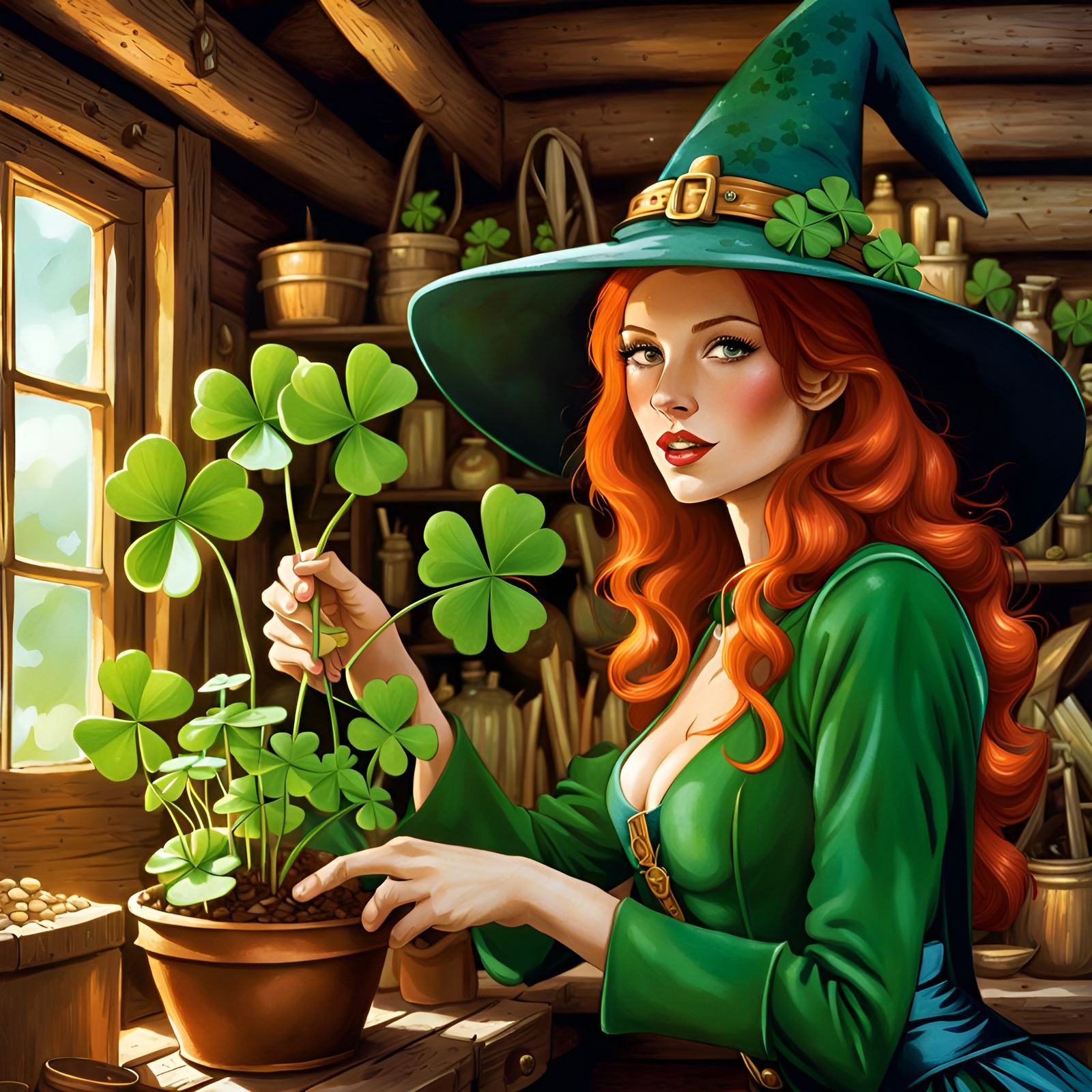 Ginger Witch Tending Four Leaf Clover Plant