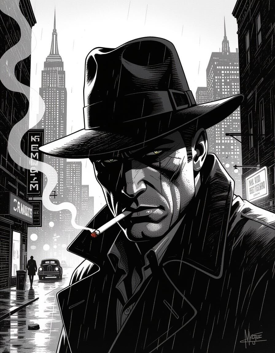 Noir Detective Close-Up in Gritty Comic Style