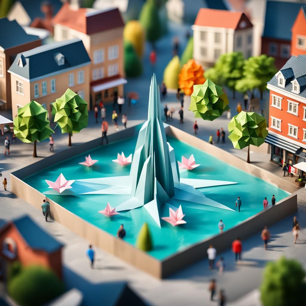 Origami Fountain in Small Town Square