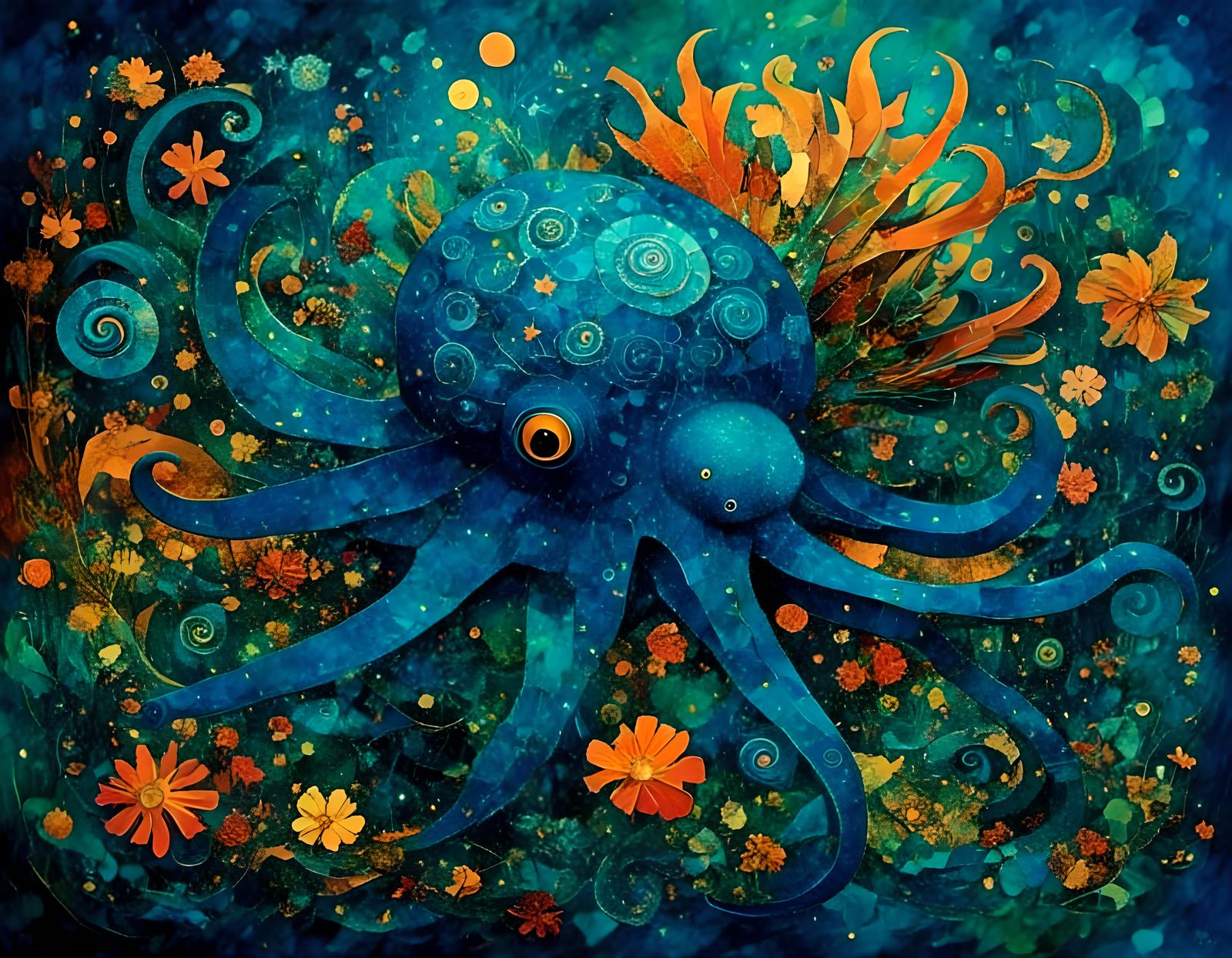 Blue Starfish in Coral Reef, Cubist Style