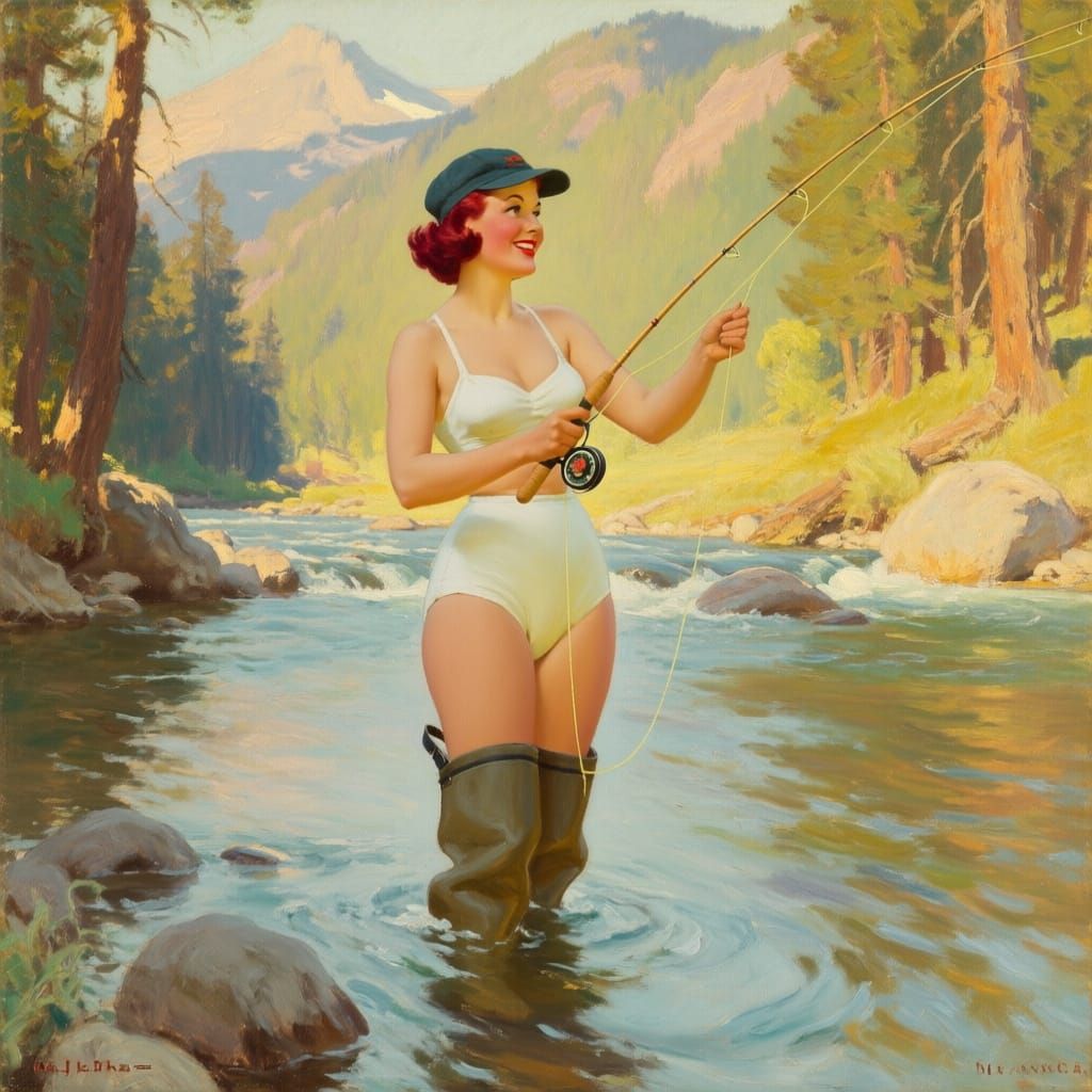 Woman Fishing in Mountain River, Impressionist Oil Painting