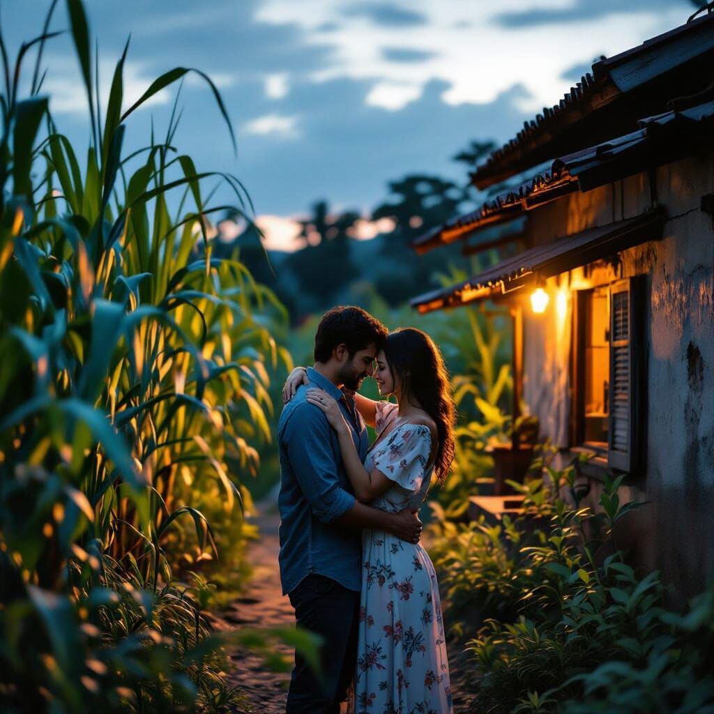 Couple Embracing at Dusk Near Sugarcane Plantation